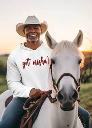 Screenshot 2024-03-11 223310 White Hoodie with the words "got orisha?" across the chest in black cursive font with a red outline.