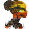 African Queen Silhouette Embroidery Art. Colors are Warm Colors Black Brown Orange and yellow.