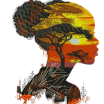 African Queen Silhouette Embroidery Art. Colors are Warm Colors Black Brown Orange and yellow.