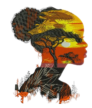 African Queen Silhouette Embroidery Art. Colors are Warm Colors Black Brown Orange and yellow.