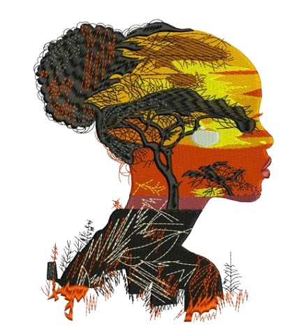 African Queen Silhouette Embroidery Art. Colors are Warm Colors Black Brown Orange and yellow.