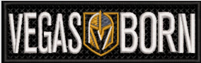 Vegas Born Tag with VGK Helmet Shield on a Black Background