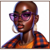 Bold Beauty Queen PNG | Melanin Fashion Illustration featuring a stylish bald Black woman with purple glasses, gold hoop earrings, and modern fashion styling for DTG and DTF printing.