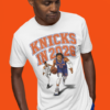 NY Knicks White Black Man Wearing A white T-shirt with the KNICKS in 2026 design on the front