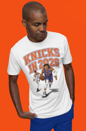 NY Knicks White Black Man Wearing A white T-shirt with the KNICKS in 2026 design on the front